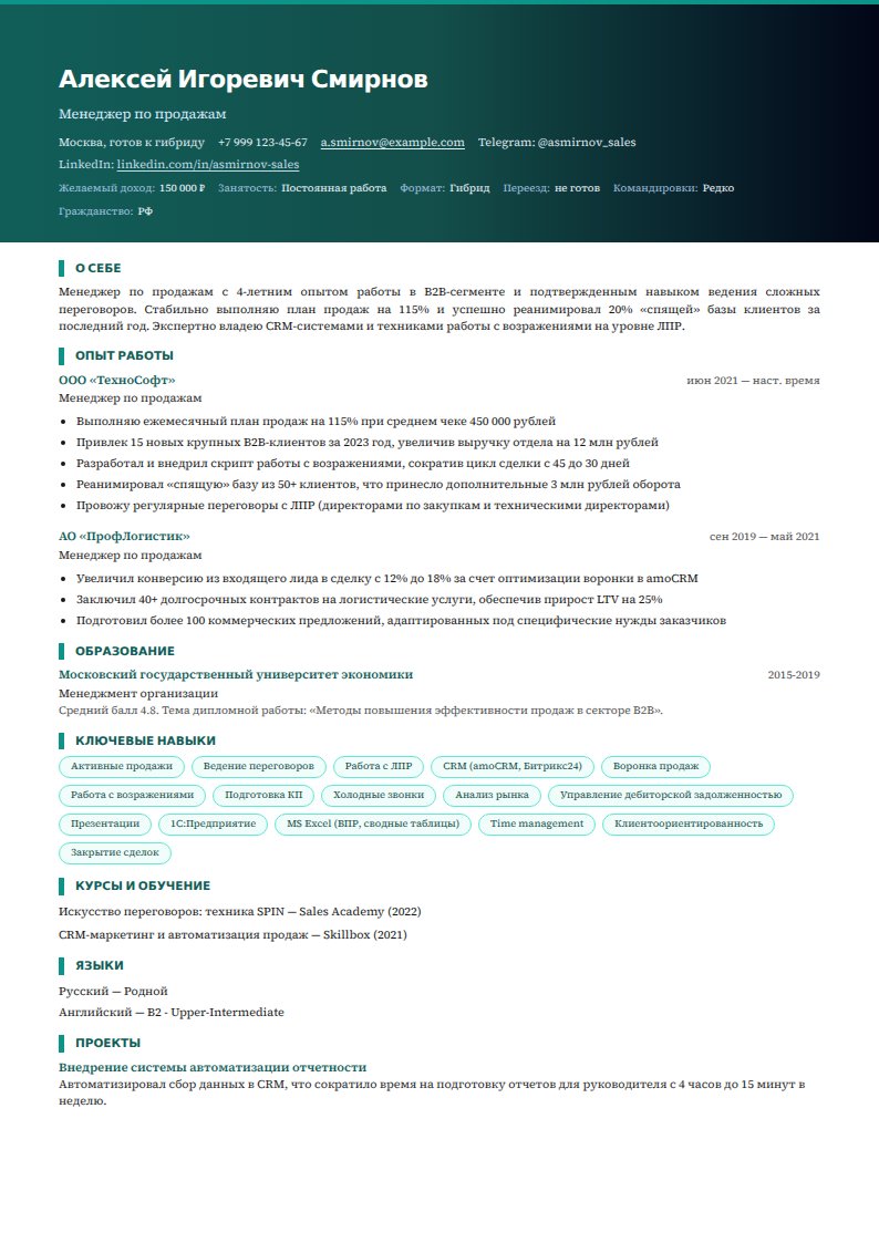 образец резюме Менеджер по продажам 2026